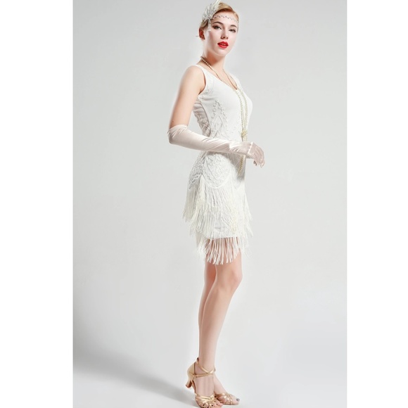 White Wedding Beaded 1920s Flapper Dress - Picture 4 of 7